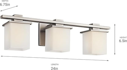 Kichler Tully 24" Vanity Light in Antique Pewter, 3-Light Modern Bathroom Light with Satin Etched Cased Opal Glass, (24" W x 6.5" H), 45151AP