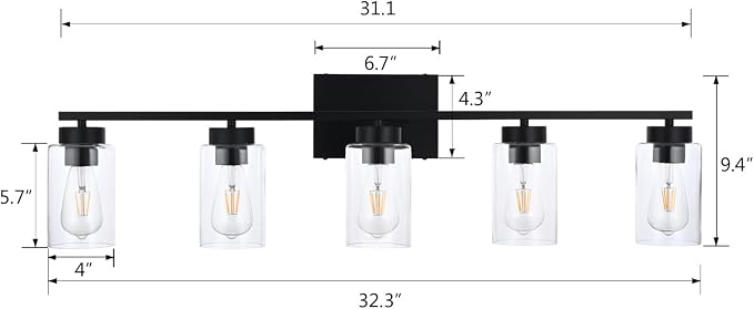 5 Light Bathroom Vanity Light Fixtures, Matte Black Modern Wall Lights with Clear Glass Shade, Vintage Wall Sconce Lighting for Living Room, Mirror, Bedroom, Hallway (Black, 5-Lights)