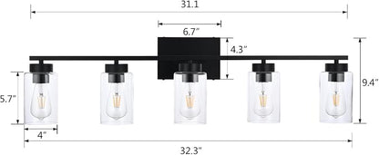 5 Light Bathroom Vanity Light Fixtures, Matte Black Modern Wall Lights with Clear Glass Shade, Vintage Wall Sconce Lighting for Living Room, Mirror, Bedroom, Hallway (Black, 5-Lights)