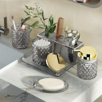 Glass Bathroom Accessories Set 5Pcs Crystal Black, Foaming Soap Dispenser, Soap Dish, Cup, Acrylic Toothbrush Holder with Tray Organizer, Cotton Swab Jar, Bathroom Counter Set Sink Decor