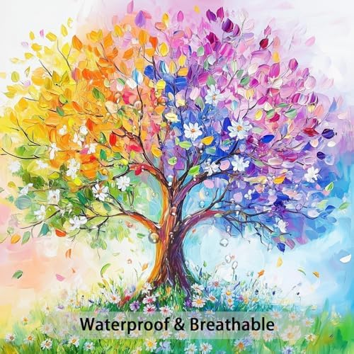 Watercolor Oil Painting Tree Shower Curtains, Colored Seasons Trees Floral Fabric Shower Curtain Set Colorful Abstract Aesthetic Bath Curtain for Bathroom Decor Waterproof Cloth with Hooks 72X72 Inch