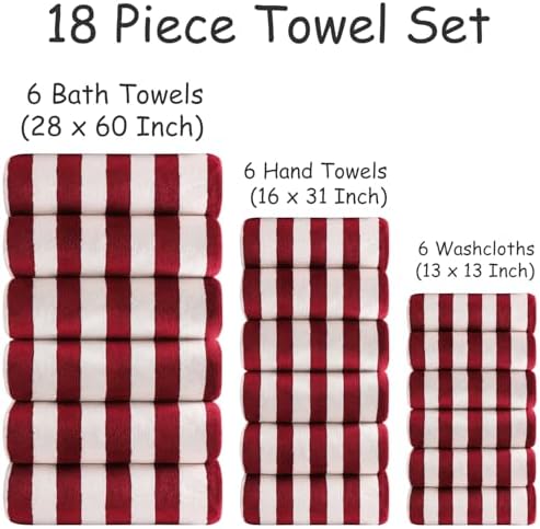 18 Pcs Red Stripe Bath Towel Set with Hanging Loop-6 Bath Towels,6 Hand Towels,6 Washcloths Soft Family Towels Set Bathroom Towel Highly Absorbent Quick Dry Shower Towel for Beach Chair Spa Gym Hotel
