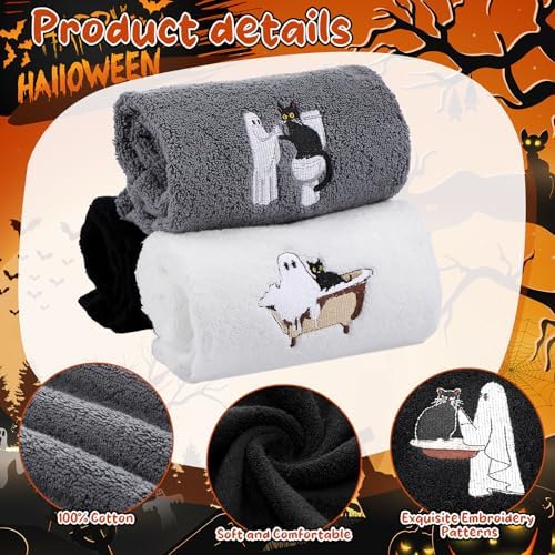 FuWeave 3 Pcs Black White Halloween Ghost Hand Towels for Bathroom