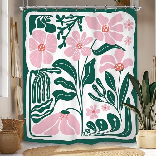 Abstract Flower Matisse Shower Curtain 60Wx72L Inch Pink Green Plant Minimalist Contemporary Retro Art Groovy Modern Bathroom Set Accessories Decor with 12 Pack Hooks