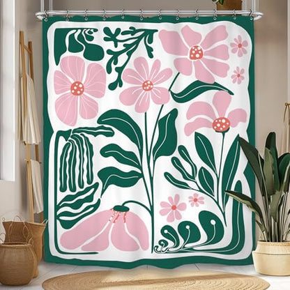 Abstract Flower Matisse Shower Curtain 60Wx72L Inch Pink Green Plant Minimalist Contemporary Retro Art Groovy Modern Bathroom Set Accessories Decor with 12 Pack Hooks