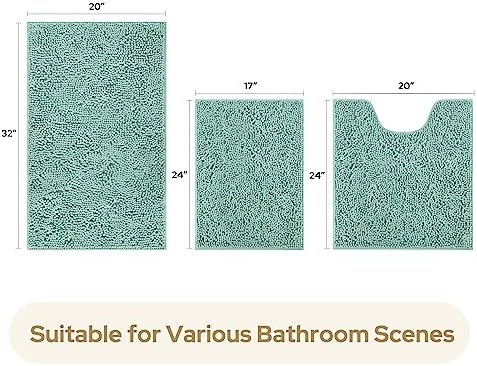 HOMEIDEAS Eggshell Blue Chenille Bathroom Rugs Set of 3, Non Slip Bath Mat