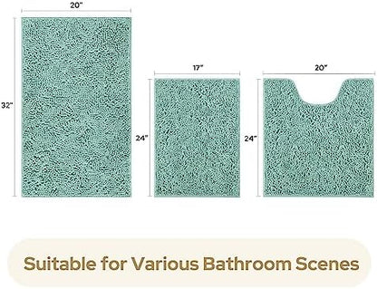 HOMEIDEAS Eggshell Blue Chenille Bathroom Rugs Set of 3, Non Slip Bath Mat