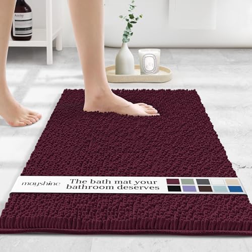 MAYSHINE Standard Plush Shaggy Chenille Bath Mat 32"x20" Extra Soft, Super Absorbent, Non-Slip Bathroom Rug | Fluffy Microfiber, Area Rug Sets for Bathroom Floor, Kitchen, Living Room | Burgundy