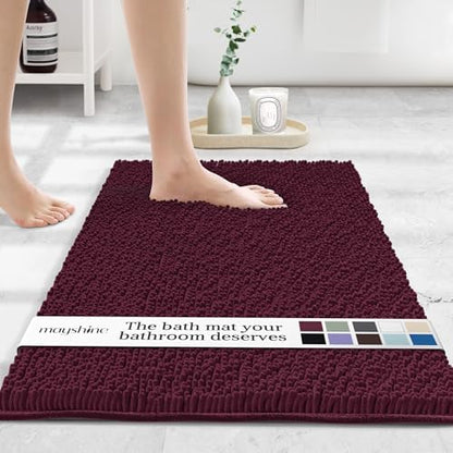 MAYSHINE Small Plush Shaggy Chenille Bath Mat 24"x17" Extra Soft, Super Absorbent, Non-Slip Bathroom Rug | Fluffy Microfiber, Area Rug Sets for Bathroom Floor, Kitchen, Living Room | Burgundy