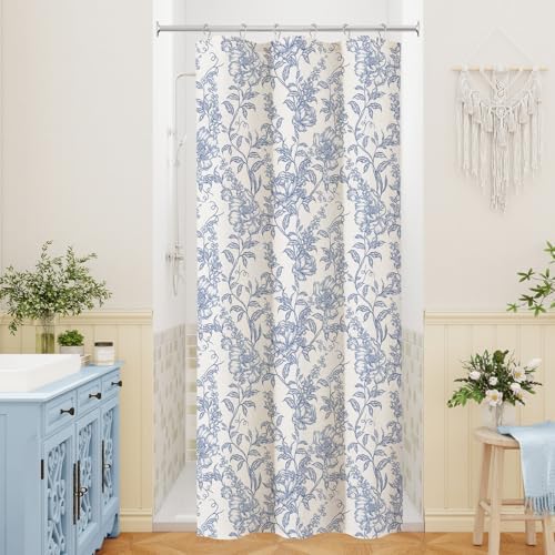 Blue Boho Linen Fabric Shower Curtain , Farmhouse Floral For Bathroom