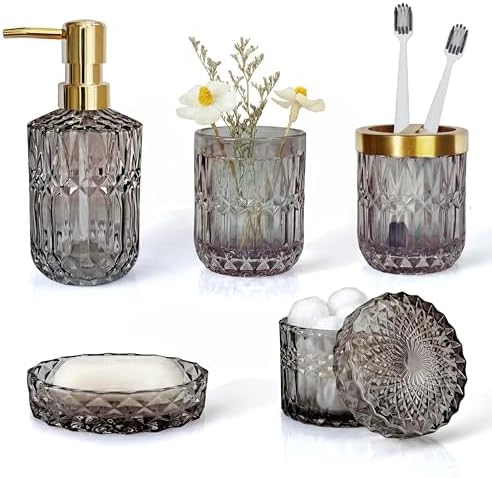LaMarriti Gray Bathroom Accessories Set, 5Pcs Glass Bathroom Set