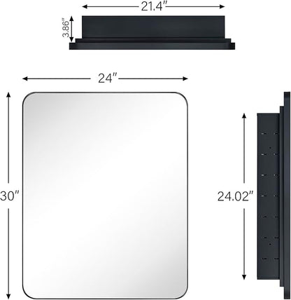 Matt Black Rectangle Recessed Bathroom Medicine Cabinet with Mirror Stainless Steel Metal Framed Rounded Rectangular Bathroom Cabinet with Mirror 24x30''