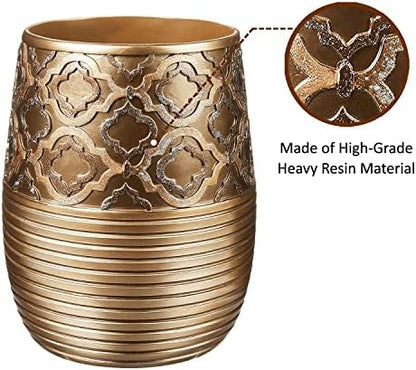 Zahari Home 2pc Spindle Modern Bath Accessories Set Waste Basket & Tissue Box Modern Classic Contemporary Decorative Beautiful Designs Bathroom Decor Set for Home Gold Complete Bathroom Sets