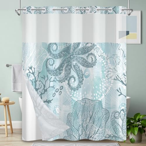 No Hook Shower Curtain with Snap-in Liner 71x74 Inch