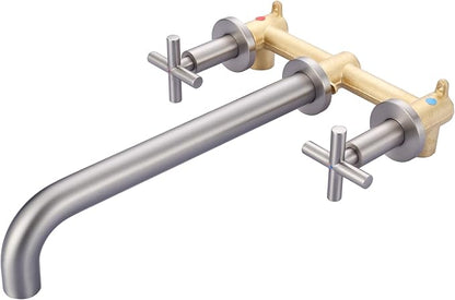 ARCORA Wall Mount Tub Filler Brushed Nickel Bathtub Faucet Long Spout Reach 2 Cross Handles Tub Faucet with Brass Rough in Valve Included