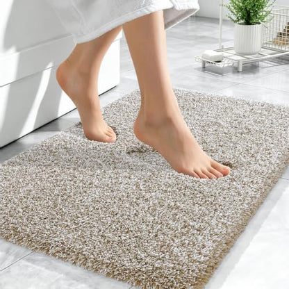 OLANLY Microfiber Bathroom Rugs 24x16, Quick Dry Bath Mat, Beige and White