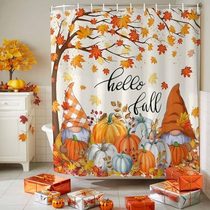 Shower Curtain Bathroom Set Autumn Gnome Orange Maple Tree Waterproof Shower Curtains with Grommets Hooks Thanksgiving Pumpkin Watercolor Privacy Bath Curtain for Bathtub Decor 48x72in