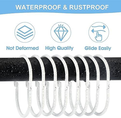 Goowin Shower Curtain Rings, 12 Pcs Shower Curtain Hooks, Oval Snap Shower Rings for Curtain, Metal Shower Curtain Rings Rust Proof, Glide Smoothly Shower Hooks for Shower Curtain Rod (White)