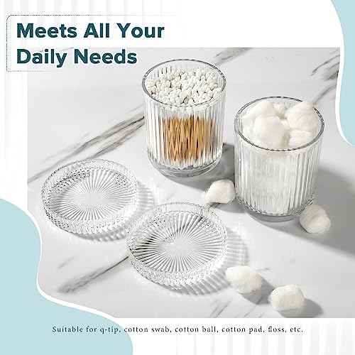 RYTOXILO Bathroom Accessories Set, 4 Pack Clear Glass Bath Accessory Sets Complete, Ribbed Soap Dispenser and Toothbrush Holder Set with 2 Qtip Holders, Modern Sliver Bathroom Counter Decor