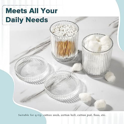 RYTOXILO Bathroom Accessories Set, 4 Pack Clear Glass Bath Accessory Sets Complete, Ribbed Soap Dispenser and Toothbrush Holder Set with 2 Qtip Holders, Modern Sliver Bathroom Counter Decor