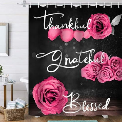 Onalasyc 4Pcs Pink Rose Floral Shower Curtain with Rugs Set