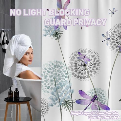 Dandelion Shower Curtain Purple Dragonfly Grey White Shower Curtains for Bathroom Decor, Waterproof Cloth Fabric with Hooks 60" W x 72" L