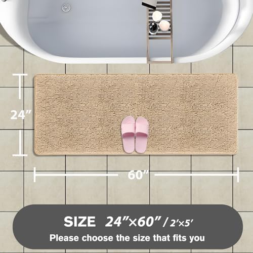 Bathroom Runner Rug 24 x 60 Inch – Extra Large Long Bath Mat | Absorbent and Washable Thick Chenille Bath Rug Non-Slip Runner Rug for Bathroom, Shower, Sink(Ivory Cream)