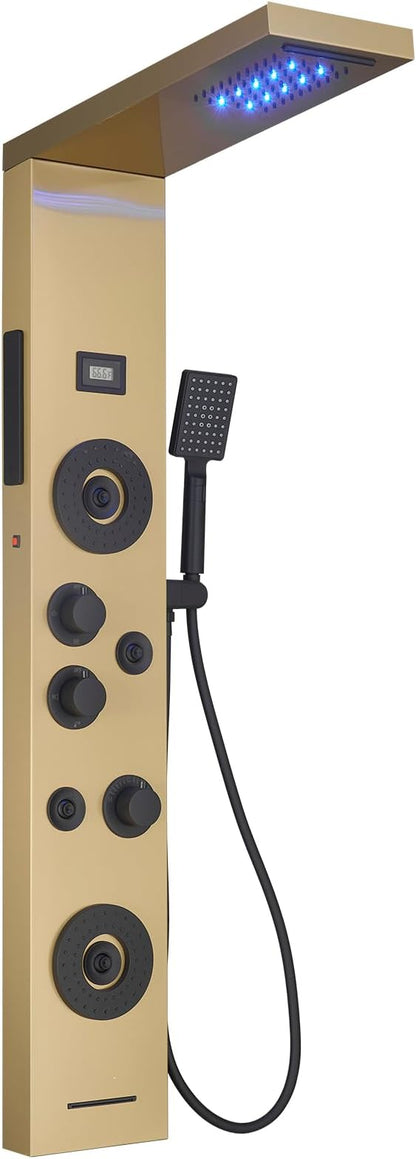 Brushed Gold Shower Panel LED Rainfall Shower Head, Bathroom Shower Panel Tower System Body Massage 6-Functions Temperature Display Wall Mount, Gold