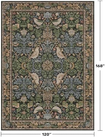 Botanical 10x14 Area Rug for Living Room, Extra Large Bedroom - Washable Rug for Dining Room Under Table Stain Resistant, Brown Green Boho Bird Vintage, Soft Floor Carpet Low Pile