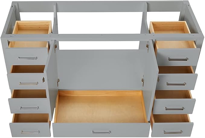 ARIEL Cambridge 60-inch Bathroom Vanity Base Cabinet,Solid Wood, 2 Soft Closing Doors, 9 Dovetail Drawers, Grey