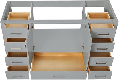 ARIEL Cambridge 60-inch Bathroom Vanity Base Cabinet,Solid Wood, 2 Soft Closing Doors, 9 Dovetail Drawers, Grey