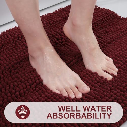 Grandaily Chenille Striped Bathroom Rugs 47x24, Extra Thick and Absorbent Bath Mats, Non-Slip Soft Plush Shaggy Shower Carpet, Machine Wash Dry, Bath Rug for Bathroom, Burgundy
