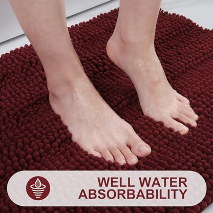Grandaily Chenille Striped Bathroom Rugs 47x24, Extra Thick and Absorbent Bath Mats, Non-Slip Soft Plush Shaggy Shower Carpet, Machine Wash Dry, Bath Rug for Bathroom, Burgundy