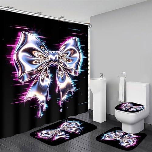 AZHM 4pcs Laser Bow Bathroom Shower Curtain Set with Rugs and Accessories