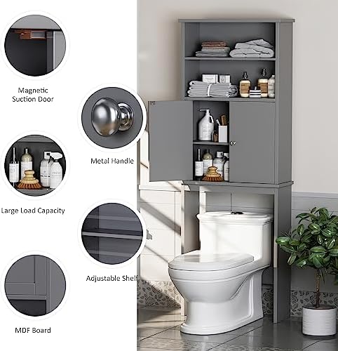 Over the Toilet Storage Cabinet for Bathroom, Storage Cabinets Over Toilet, Bathroom Floor Mounted Cabinet Space Saver with Adjustable Shelf and 2 Open Shelves, 75in, Grey
