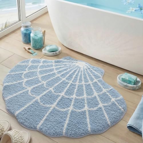 DEXI Cute Seashell Bath Mat, Coastal Scallop Bathroom Rug, 38x30 Blue