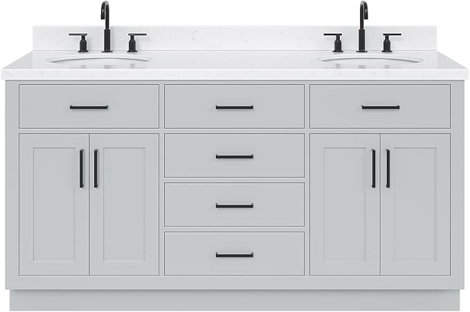 ARIEL Hepburn 66-inch Bathroom Vanity with Sink,Solid Wood, 1.5-inch Carrara White Quartz Countertop & Backsplash, Double Oval Porcelain Sink, 4 Soft Closing Doors, 6 Dovetail Drawers, Grey