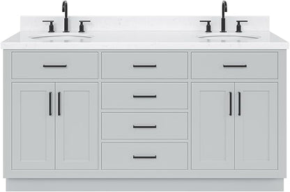 ARIEL Hepburn 66-inch Bathroom Vanity with Sink,Solid Wood, 1.5-inch Carrara White Quartz Countertop & Backsplash, Double Oval Porcelain Sink, 4 Soft Closing Doors, 6 Dovetail Drawers, Grey