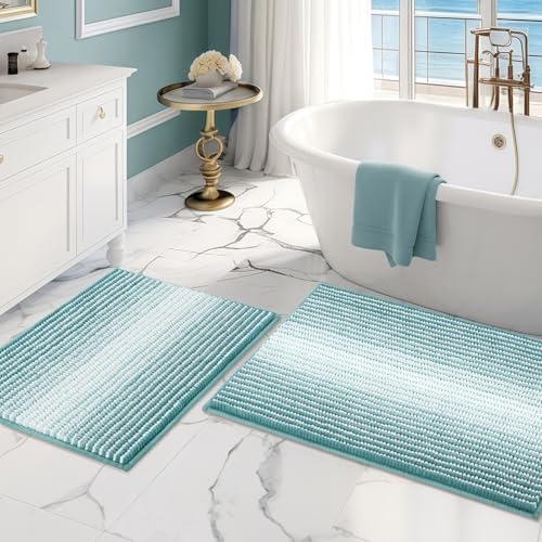 BSICPRO Bathroom Rugs Sets 2 Piece, Non Slip Striped Bath Mats, Aqua Green