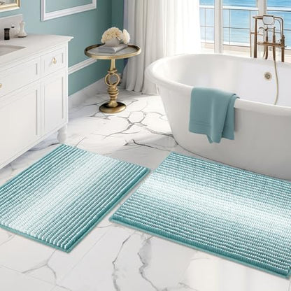 BSICPRO Bathroom Rugs Sets 2 Piece, Non Slip Striped Bath Mats, Aqua Green
