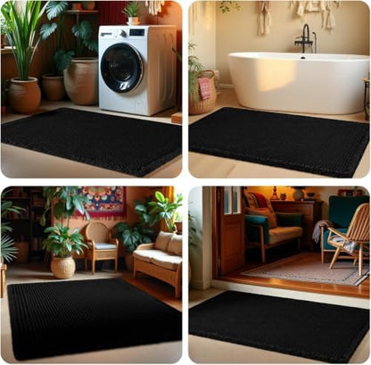 Upgrade Waffle Bath Mat Set 3 Piece, Boho Bathroom Rugs Absorbent Non Slip, Ultra Soft Bathroom Mat, Machine Washable Knit Bath Rugs with Tassels for Bathroom, Bedroom, Kitchen, Shower, Tub, Black