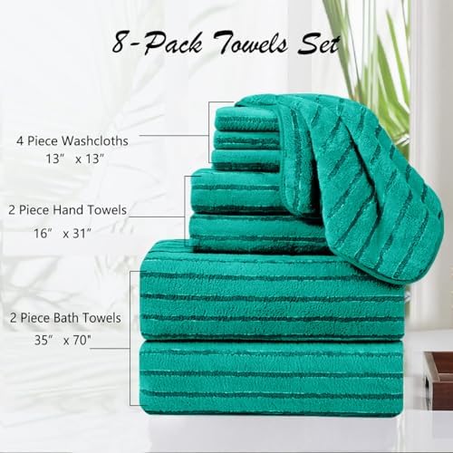8 Pcs Blue Green Cabana Stripe Large Bath Towel Set - Oversize Bath Sheet, 2 Bathroom Towels, 2 Hand Towels, 4 Washcloths - Soft, Jumbo, Absorbent Shower Towel - Quick Dry, Beach, Spa, Gym Towel