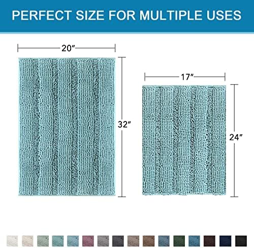 H.VERSAILTEX Extra Thick Chenille Striped Pattern Bath Rugs for Bathroom Non Slip - Soft Plush Shaggy Mats for Floor, Indoor, Entryway (Aqua Haze, 32 x 20 Plus 24 x 17 - Inches)