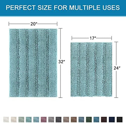 H.VERSAILTEX Extra Thick Chenille Striped Pattern Bath Rugs for Bathroom Non Slip - Soft Plush Shaggy Mats for Floor, Indoor, Entryway (Aqua Haze, 32 x 20 Plus 24 x 17 - Inches)