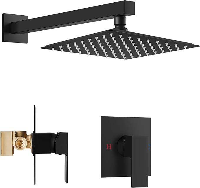 Airuida 8 Inch Matte Black Shower Faucet Set,Shower Valve Kit | Rainfall Shower Head and Handle Set,Female Thread Rough-in Valve Shower Kit,Single Function Shower System