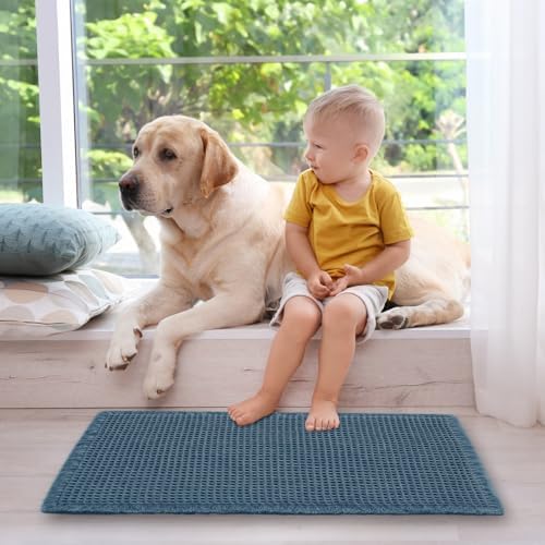ZALL Blue Waffle Bath Mat,Super Absorbent Non Slip Bathroom Rug, 24x36inch, Machine Washable Ultra Soft Floor Mats