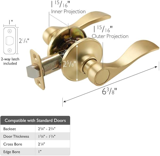 Design House Springdale Passage Hall Closet Interior Door Lever Handle Lockset, Non-Locking Handle Hardware, Satin Gold, 6.375 in x 1.94 in x 2.625 in, Item 728899