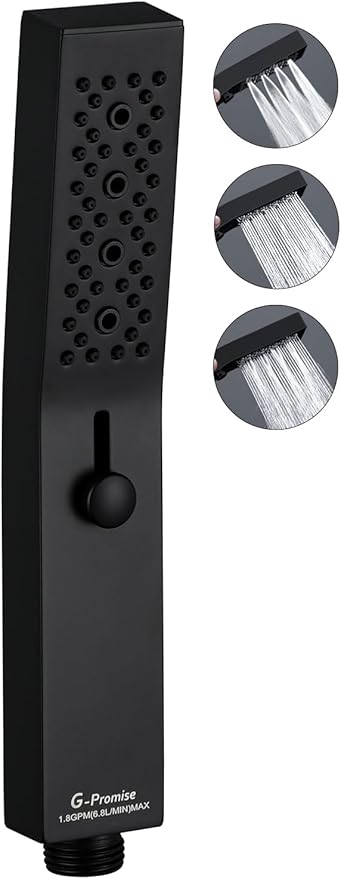 G-Promise All Metal Square 3 Function Handheld Shower Head(Matte Black) | All Metal Construction, 3 Function Modes with Massage, Modern Look, Push Switch, Easy Installation
