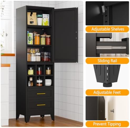 Ckzbx Tall Narrow Storage Cabinet, 66.93" H Tall Bathroom Cabinet Metal Pantry Cabinets with Hollowed-Out, 3 Adjustable Shelves, for Kitchen, Bathroom, Home Office, Living Room (Black)