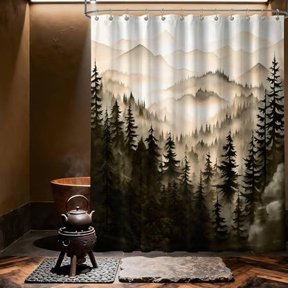 Dark Brown Forest Extra Long Shower Curtain, Tall 72X78 in, Mountain